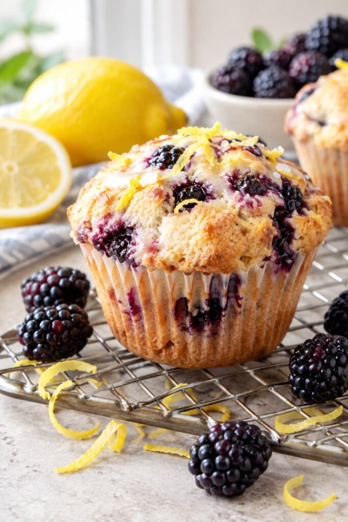 A close-up editorial view of a lemon blackberry muffin on a wire cooling rack surrounded by fresh fruit and lemon zest.