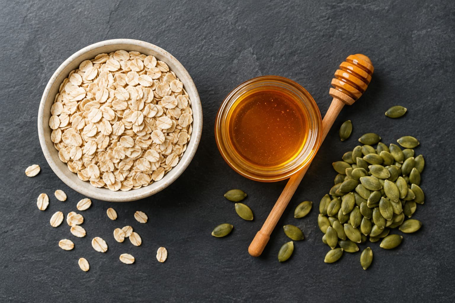 A top-down view of raw rolled oats, honey, and seeds arranged on a dark slate background to represent wholesome baking ingredients