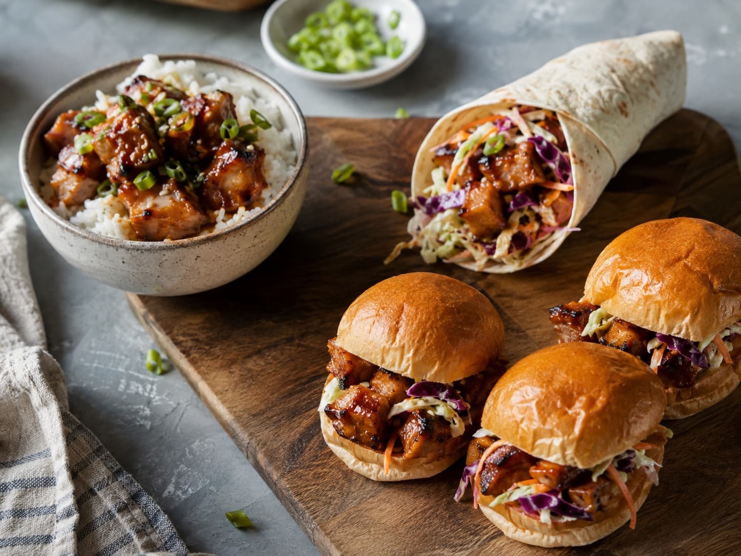 BBQ chicken bites served in a rice bowl, wrap, and sliders