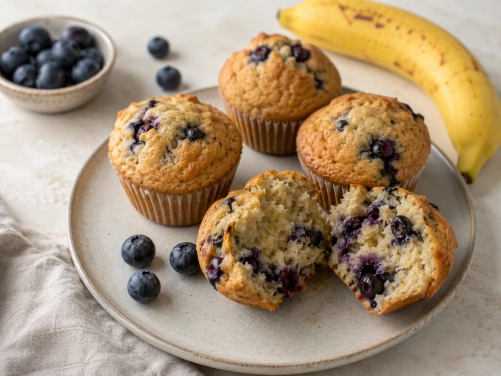 Banana blueberry muffins with fresh blueberries and a ripe banana on a light kitchen surface