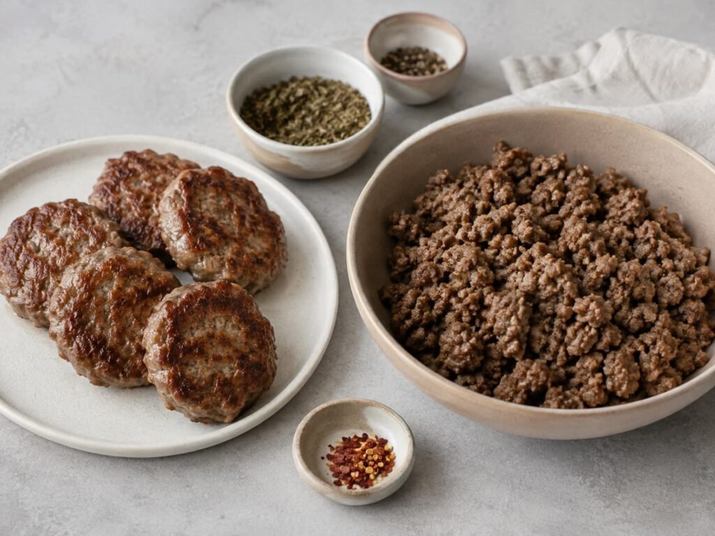 Beef breakfast sausage shown as cooked patties and crumbled seasoned beef