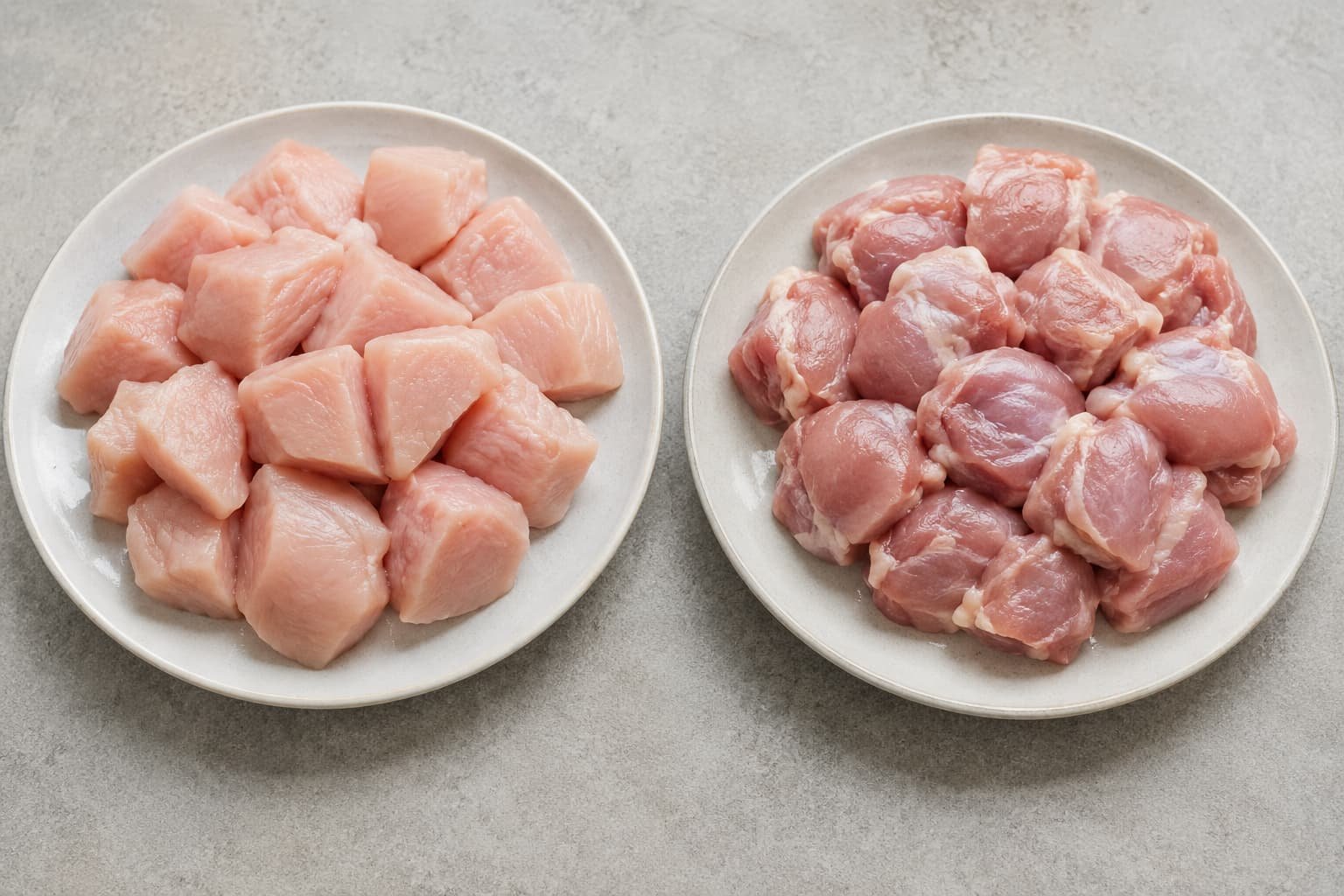 Boneless chicken breast and chicken thigh pieces compared