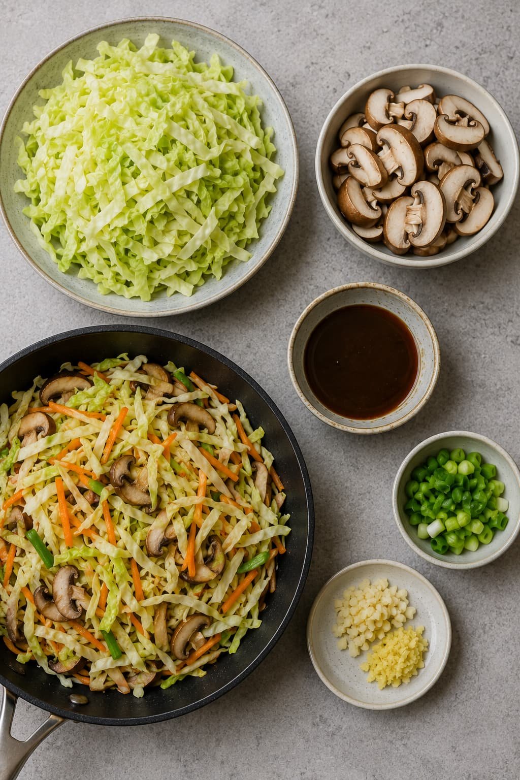 Cabbage, mushrooms, sauce, and crowded vegetables illustrating moisture factors in moo shu filling