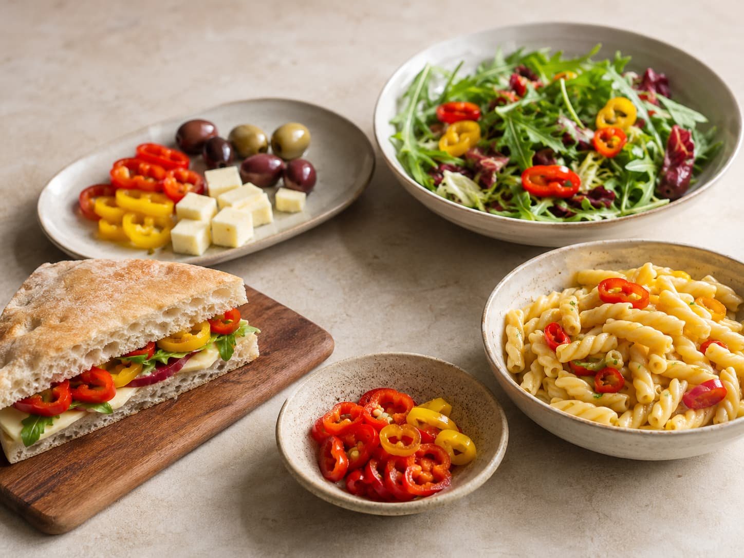 Cherry peppers used in a sandwich, antipasto plate, salad, and pasta