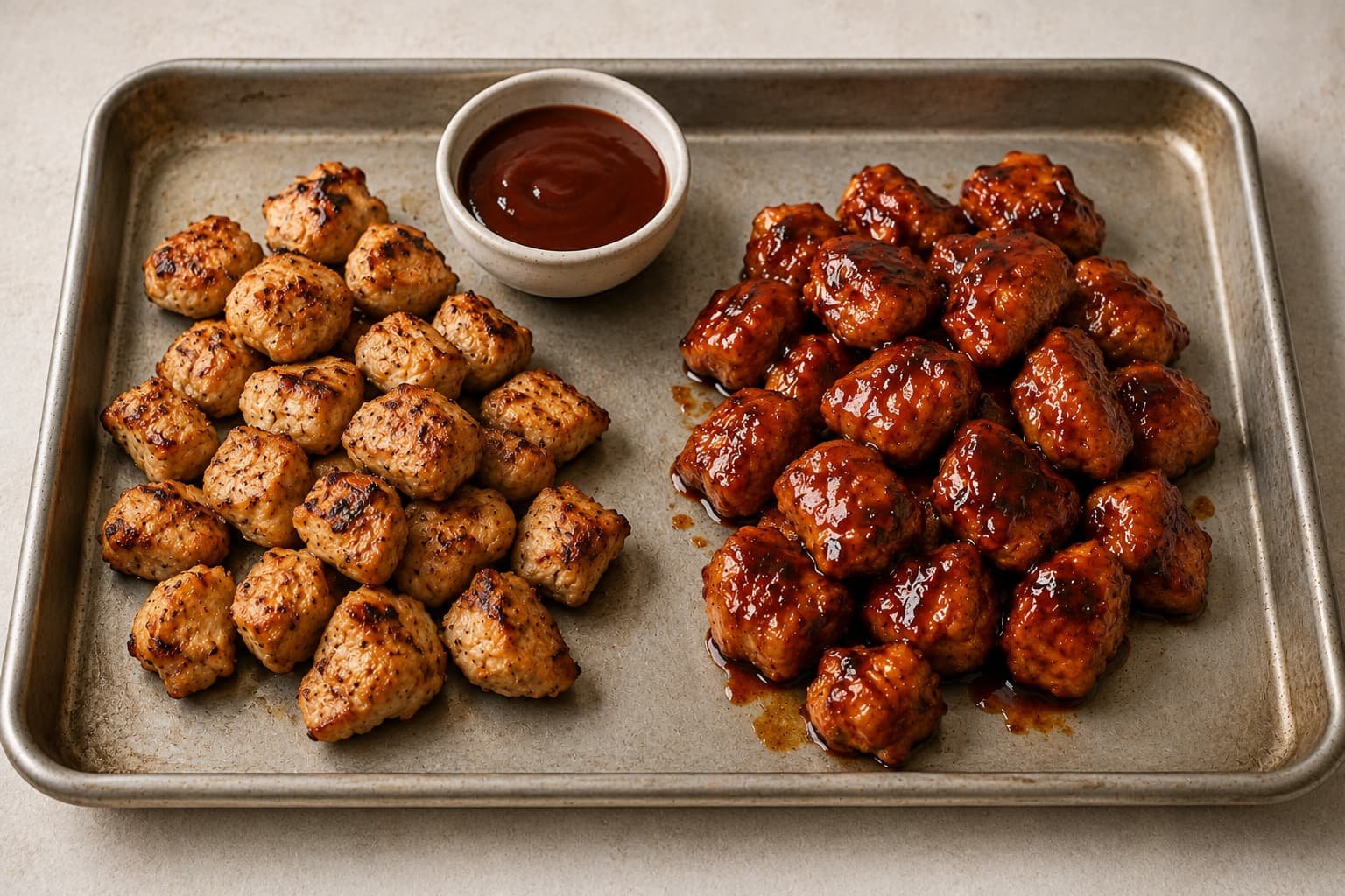 Chicken bites before and after barbecue sauce is added