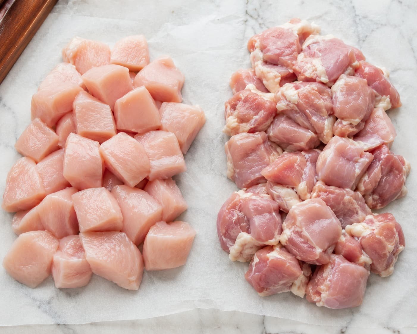 Chicken breast pieces and boneless chicken thigh pieces shown for comparison