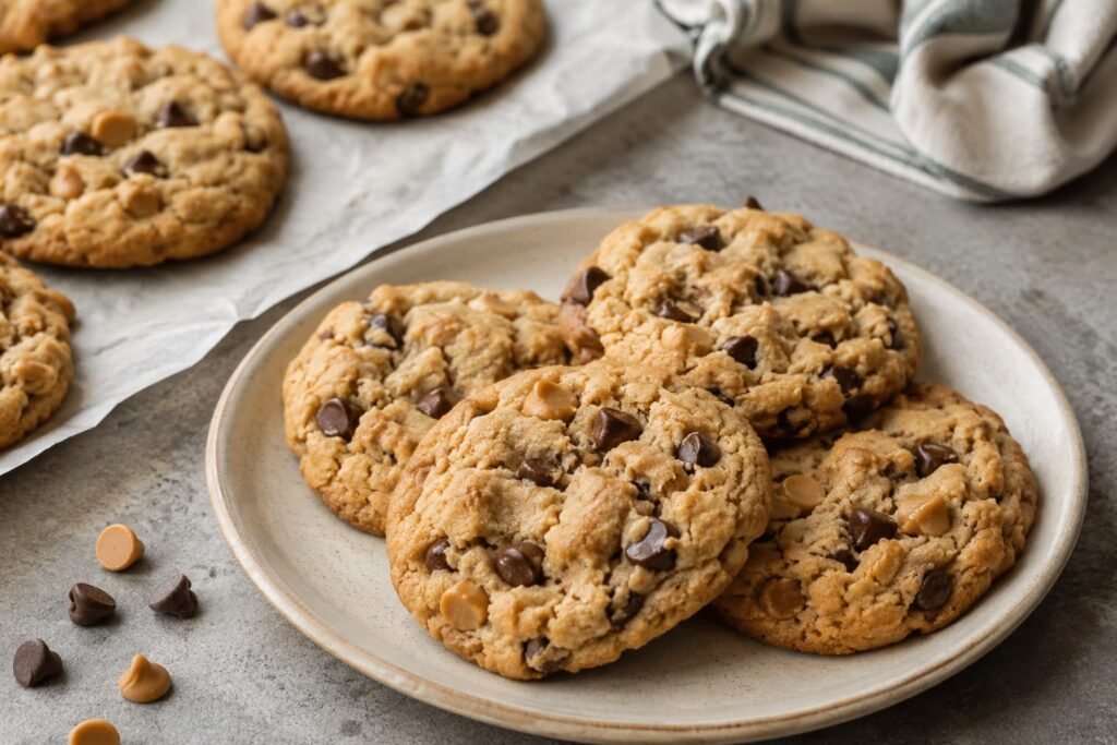 Chocolate chip and peanut butter chip cookies with both baking chips visible