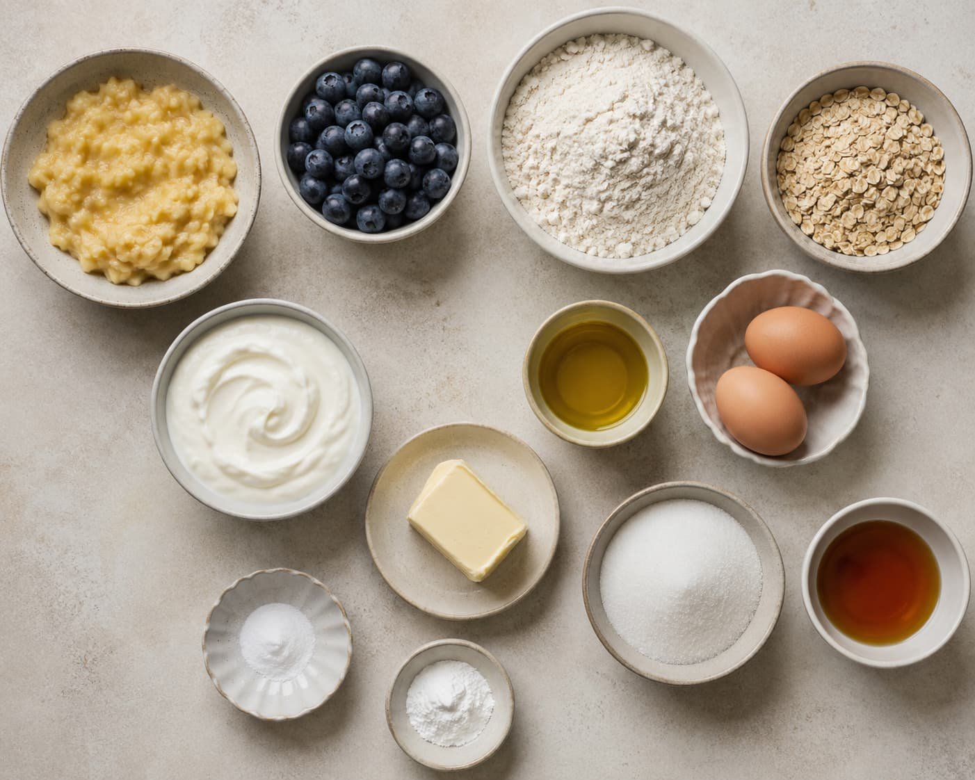 Common banana blueberry muffin ingredients including banana, blueberries, flour, oats, eggs, yogurt, fat, sweetener, and leavening
