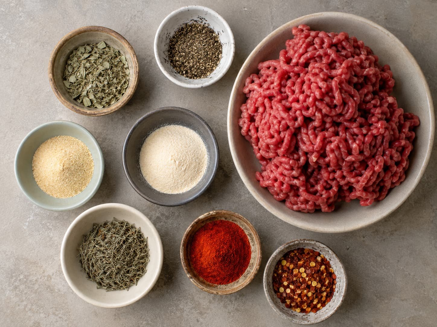 Common herbs and spices used to season beef breakfast sausage