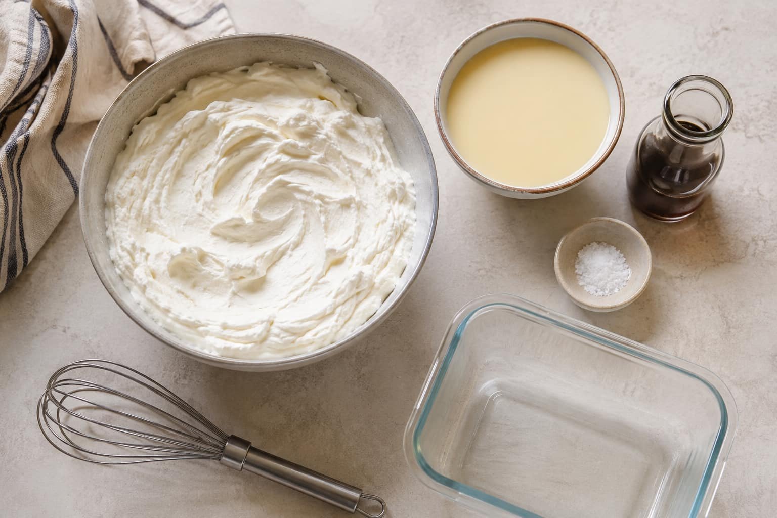Common ingredients and tools for no-churn homemade ice cream