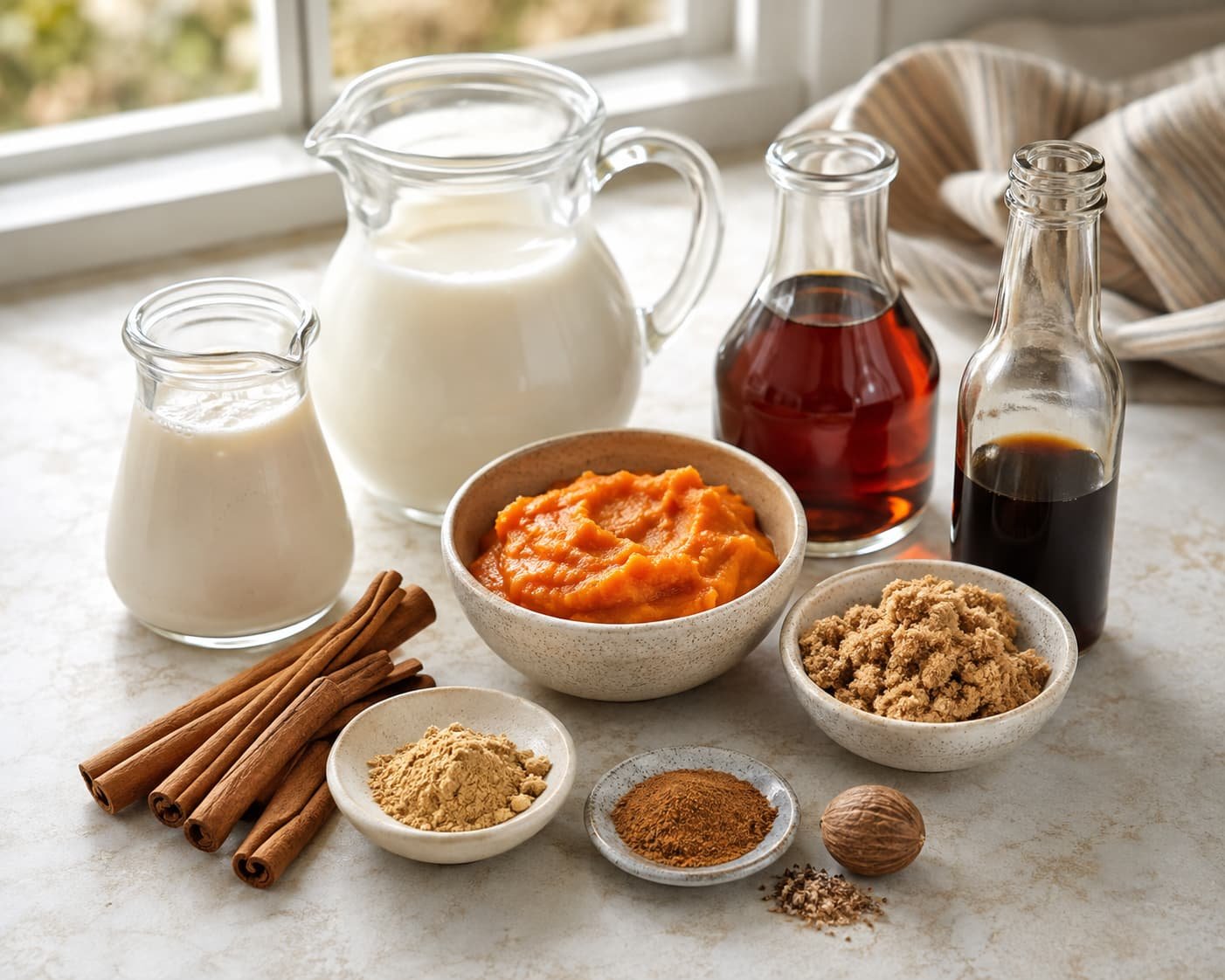 Common ingredients used in homemade pumpkin spice coffee creamer, including pumpkin puree, milk, spices, sweetener, and vanilla