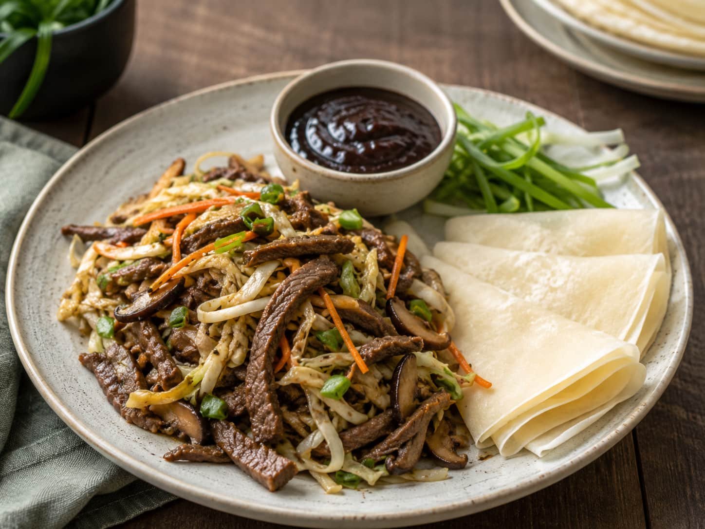Common moo shu beef ingredients with beef vegetables and sauce