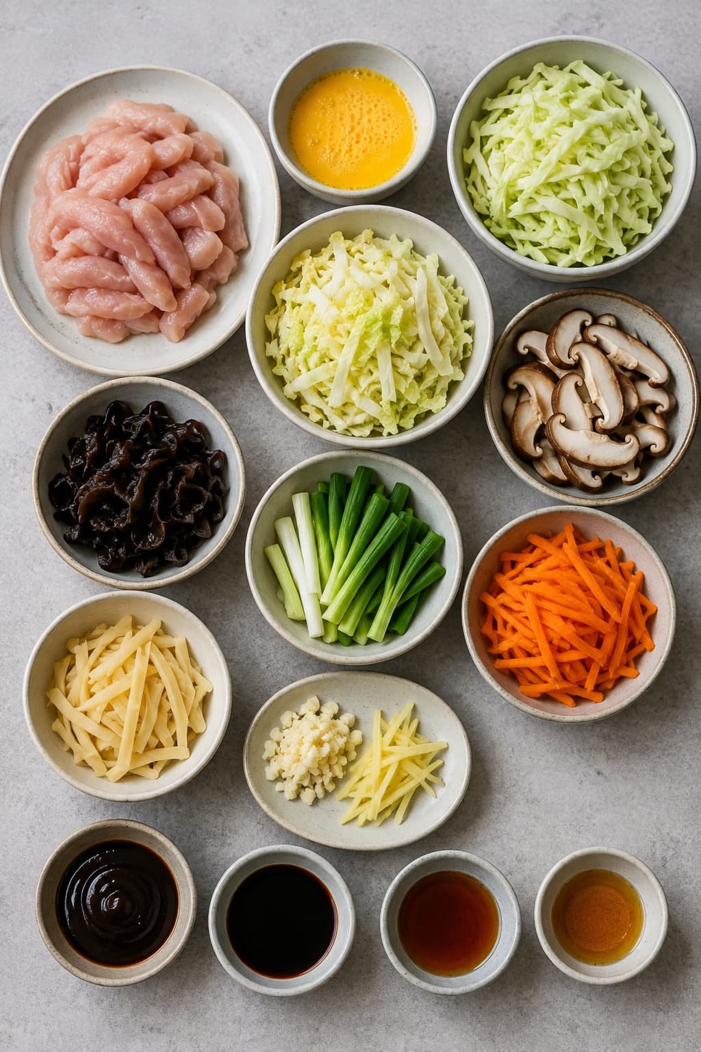 Common moo shu chicken ingredients including chicken, cabbage, mushrooms, egg, and scallions