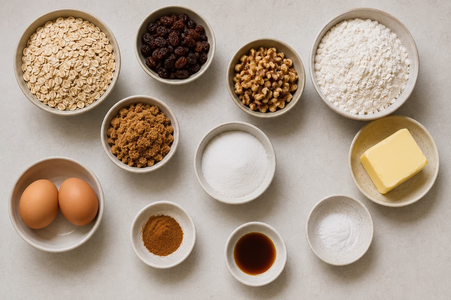 Common oatmeal cookie ingredients including oats, raisins, walnuts, flour, sugar, eggs, and spices (1)
