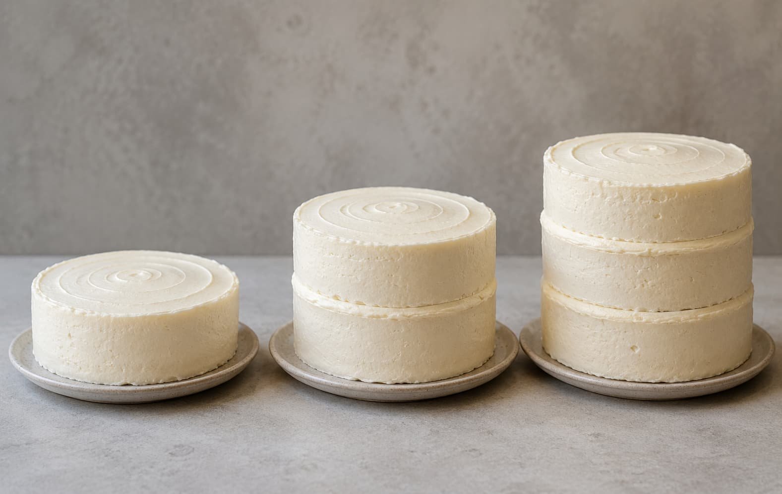 Comparison of single-layer, two-layer, and three-layer 6-inch cakes