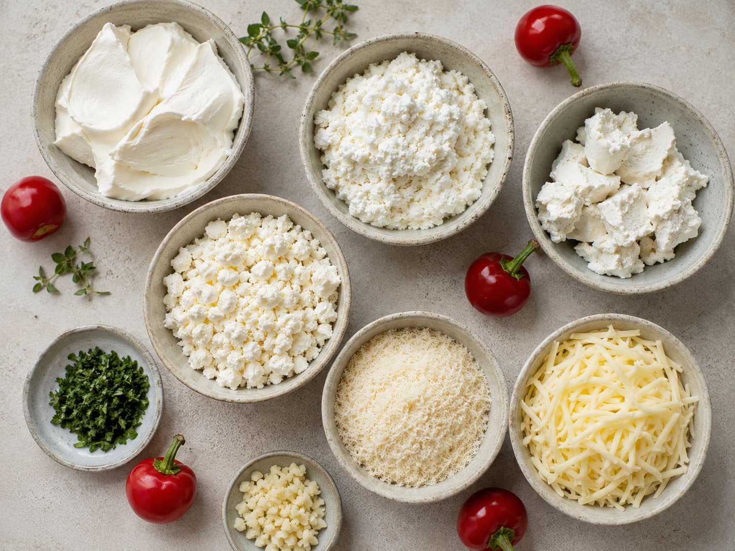 Cream cheese, ricotta, goat cheese, feta, Parmesan, and herbs for cherry pepper filling ideas