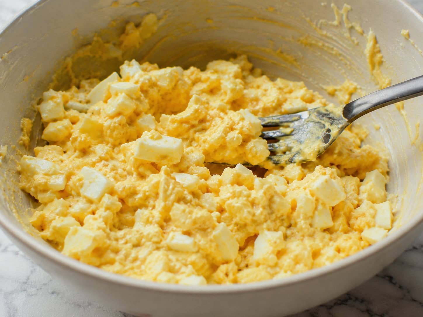 Creamy Japanese egg salad filling with chopped eggs and mayonnaise