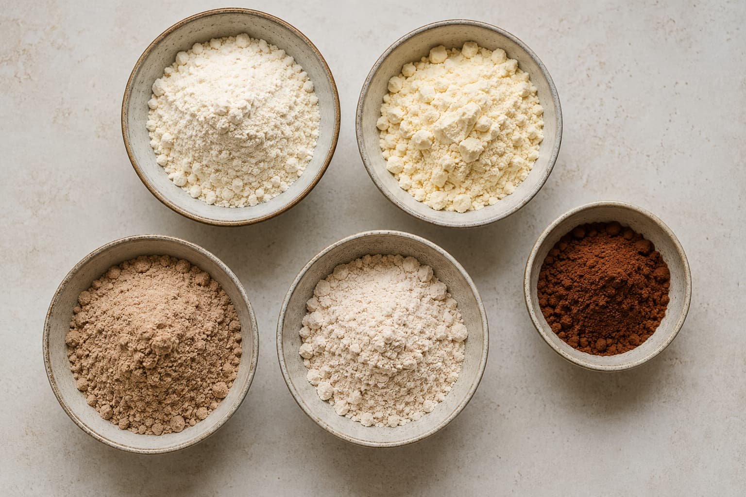 Different generic protein powder types arranged for baking comparison 