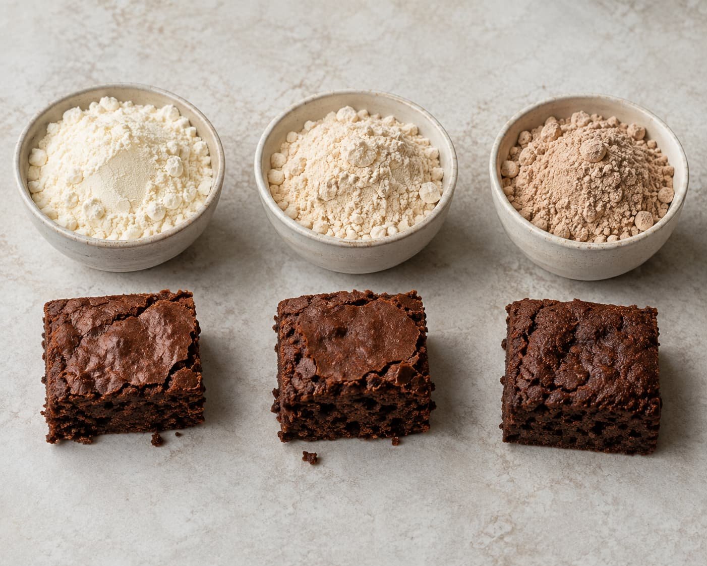 Different protein powder types shown beside generic brownie-style textures