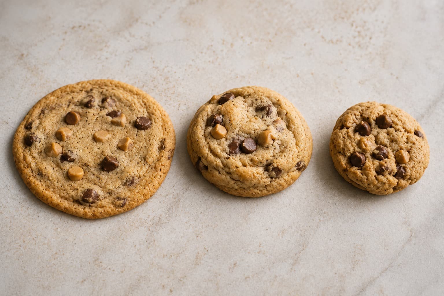 Examples of flat, moderately spread, and dense-looking cookies