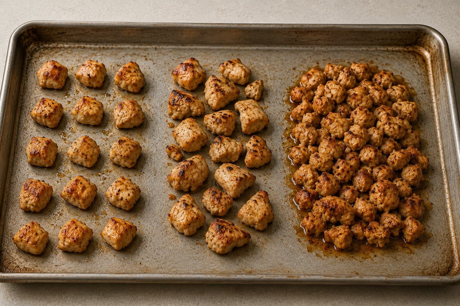 Examples of piece size, spacing, and surface moisture in chicken bites