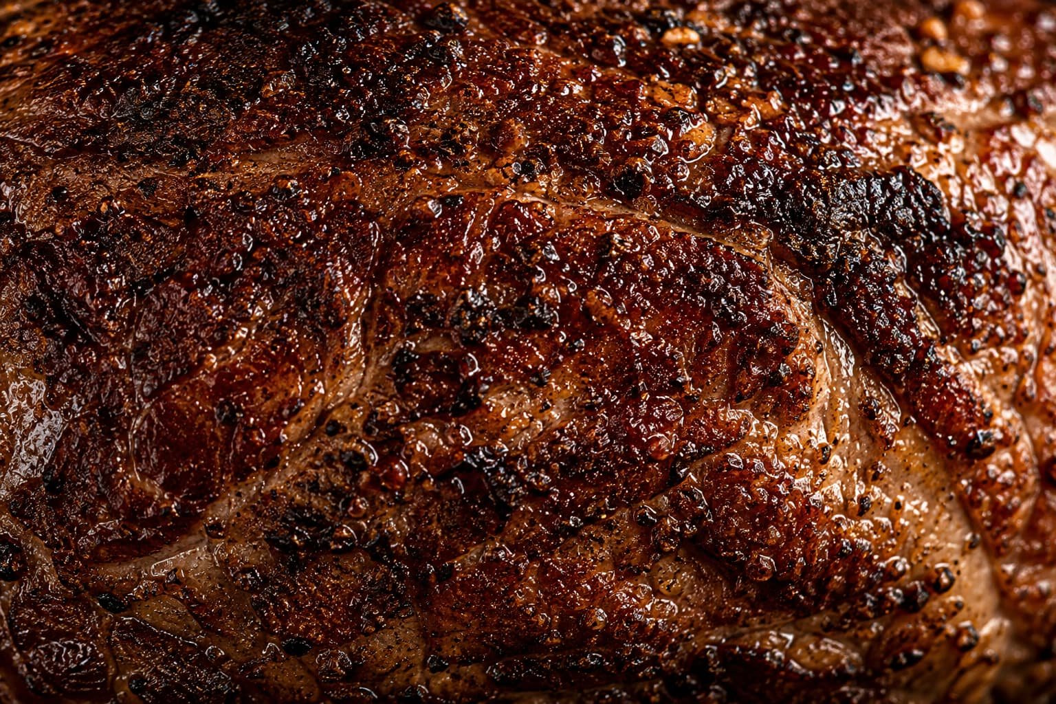Extreme close-up of a dark, caramelized crust on a beef roast demonstrating the Maillard reaction.