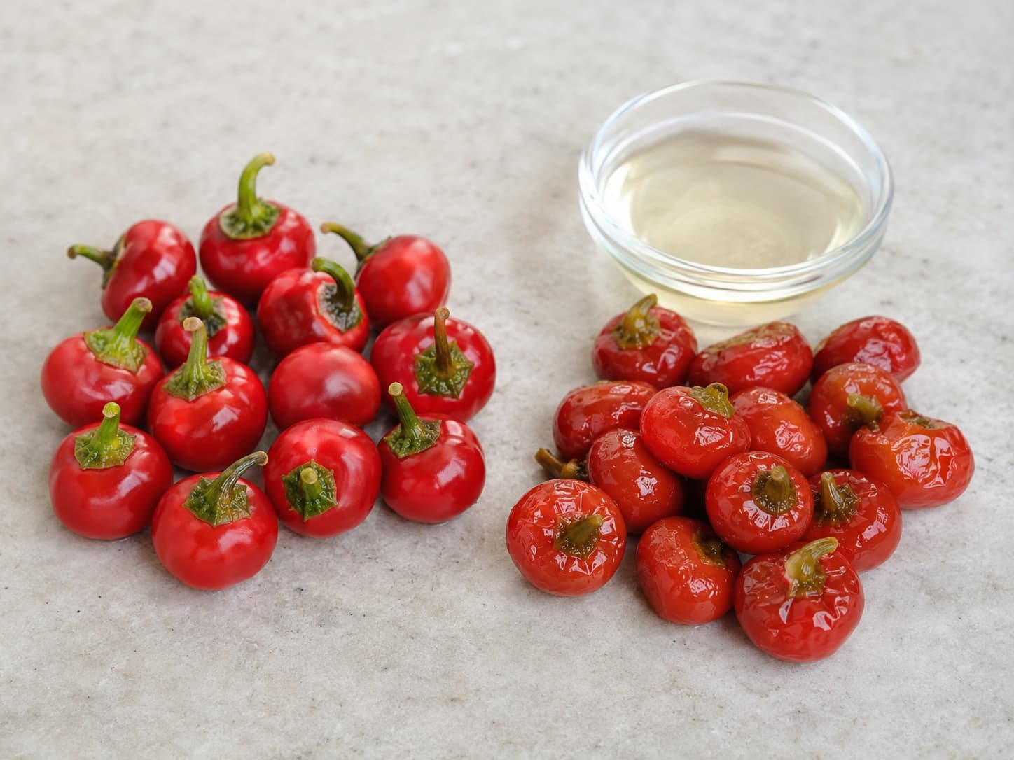 Fresh cherry peppers beside drained pickled cherry peppers