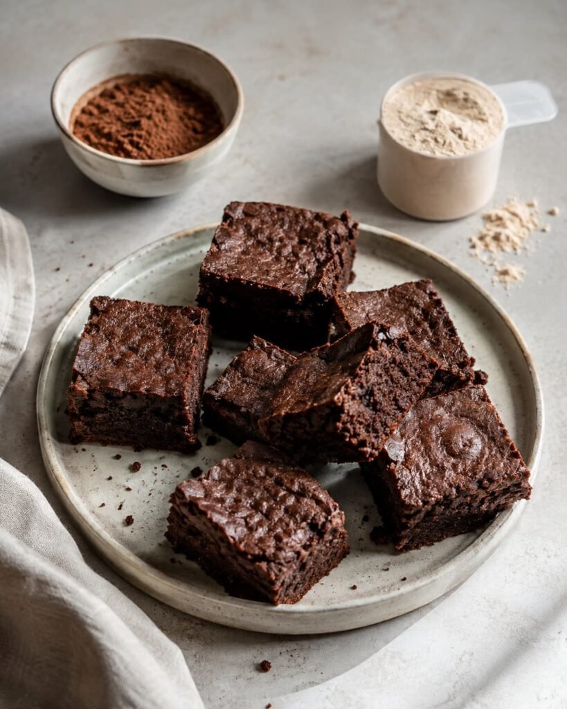 Generic homemade-style protein brownie squares with cocoa and protein powder