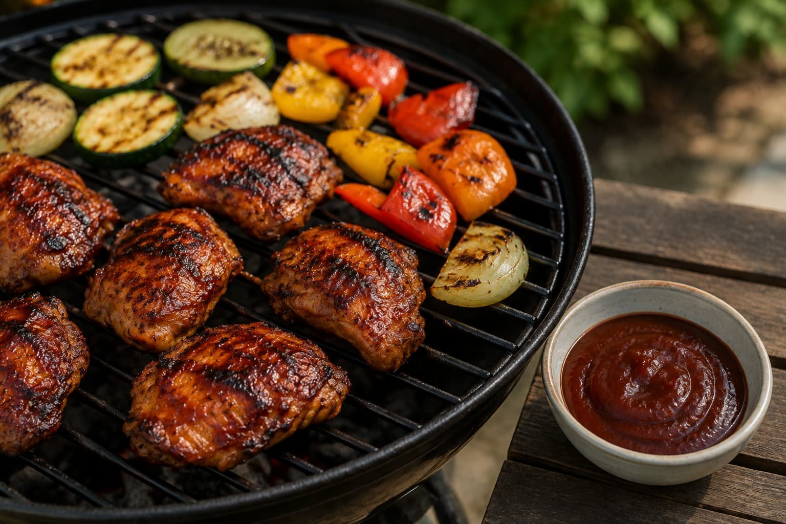 Grilled chicken and vegetables with jerk-style BBQ glaze and sauce served separately