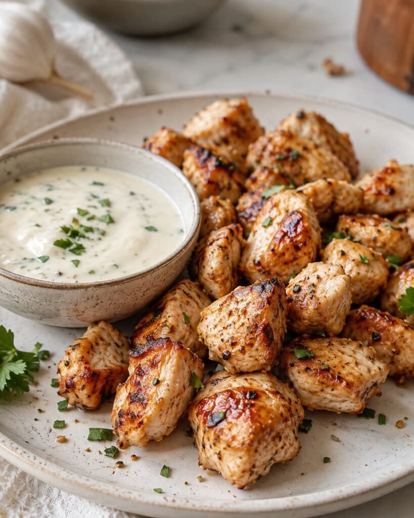 Grilled chicken bites served with creamy garlic sauce on the side