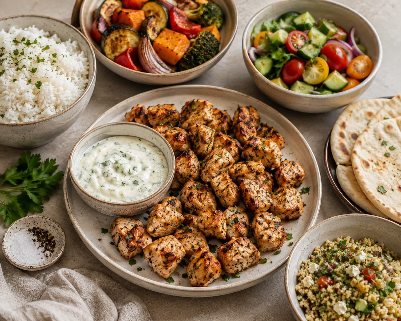 Grilled chicken bites with creamy garlic sauce served with rice, vegetables, salad, and flatbread