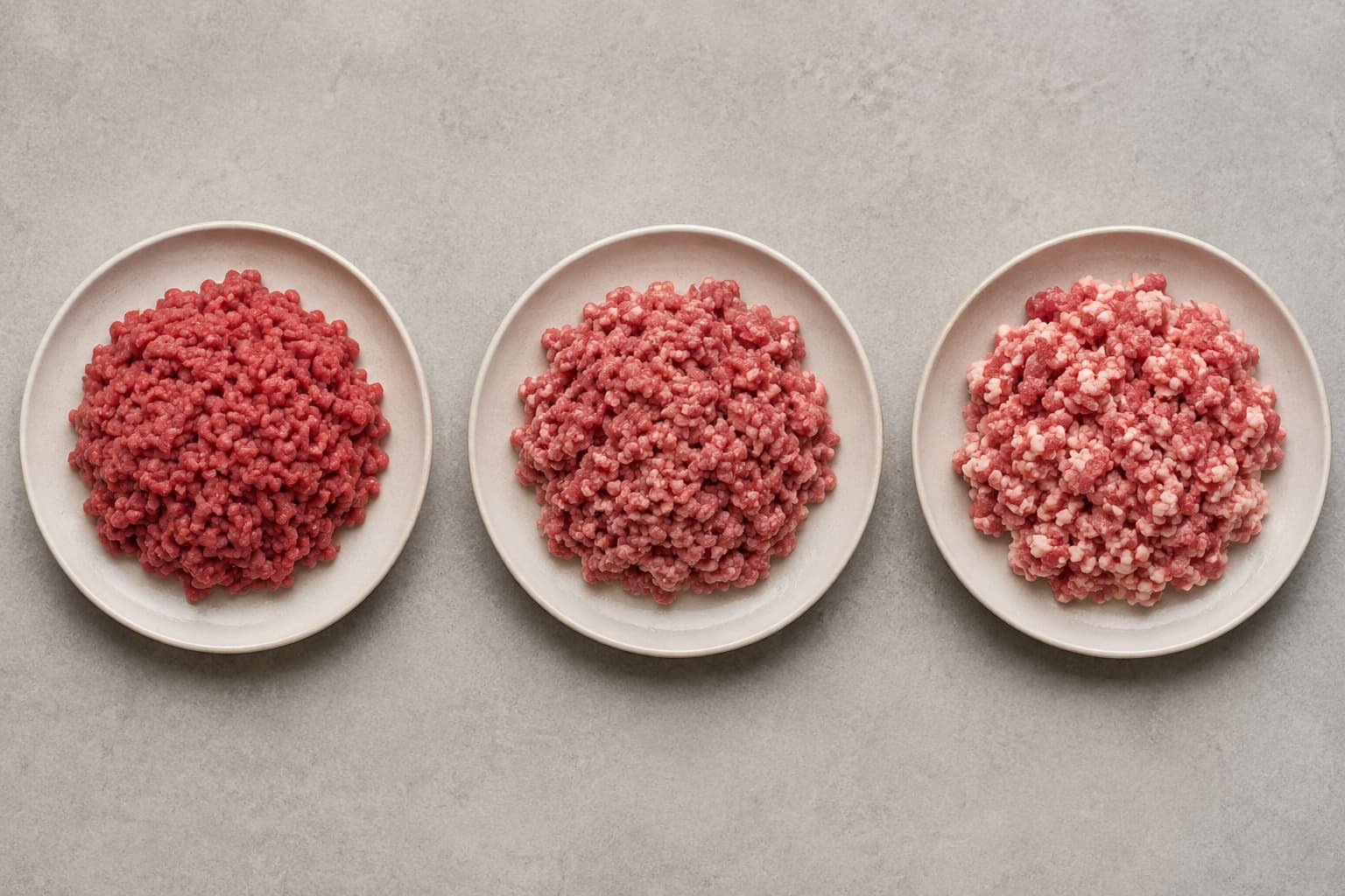 Ground beef portions with different visible levels of fat for comparison