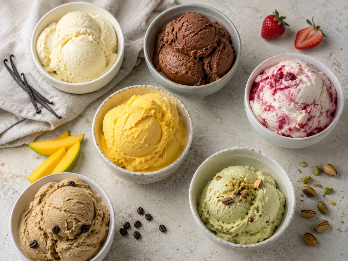 Homemade no-churn ice cream flavor ideas including vanilla chocolate and fruit