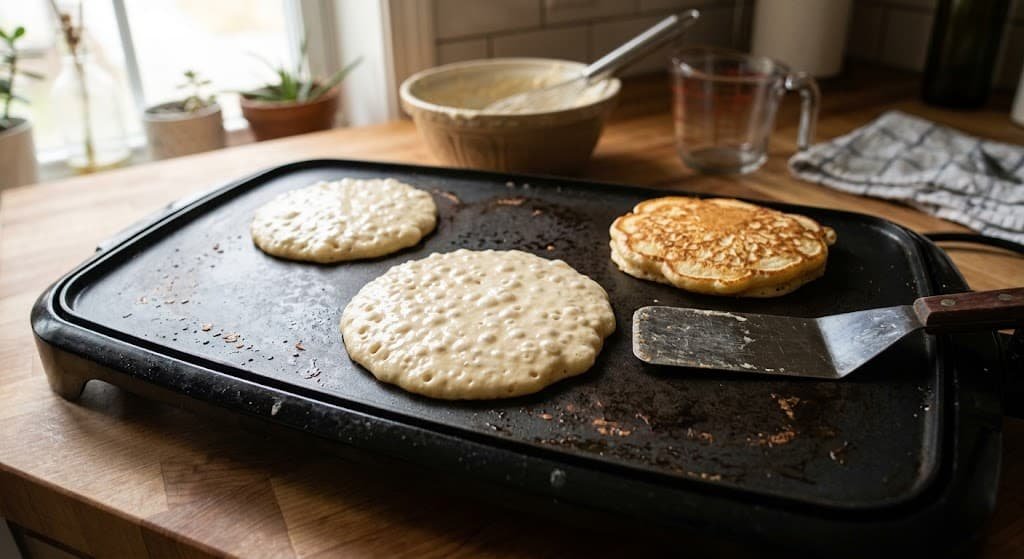 Homemade pancakes cooking on a griddle with bubbles forming on the surface