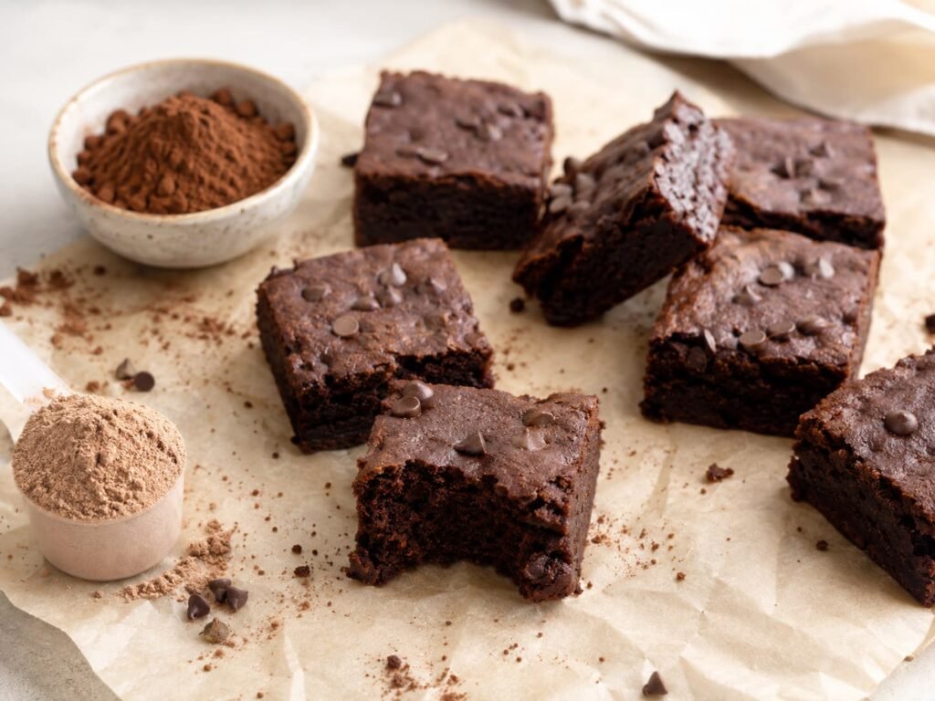 Homemade-style chocolate protein brownies with cocoa and protein powder