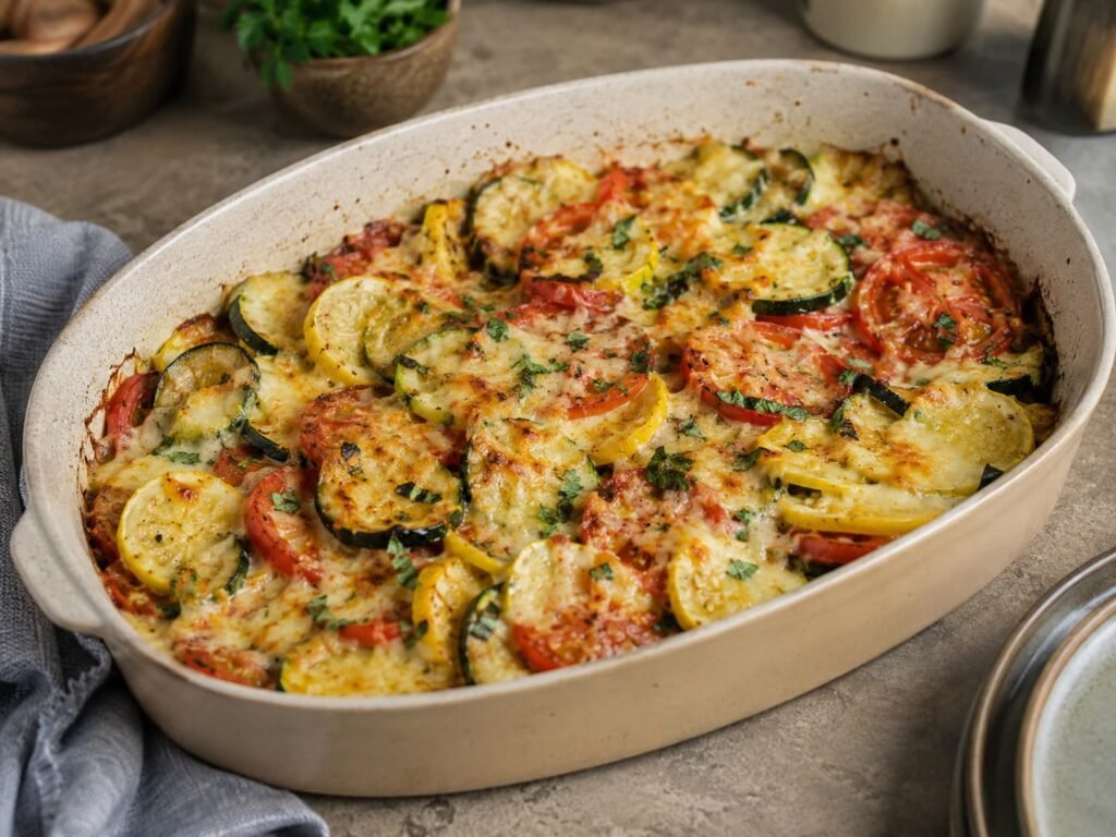 Italian-style baked zucchini and yellow squash with tomatoes and cheese