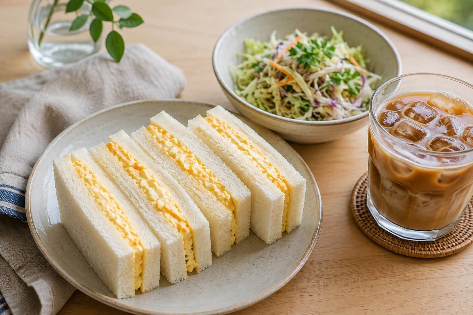 Japanese egg sandwich served with cabbage salad and iced coffee
