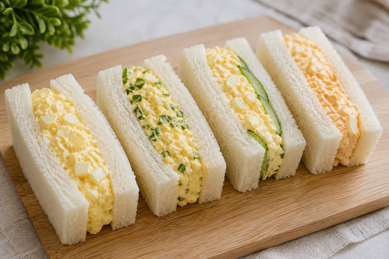 Japanese egg sandwich variations with cucumber, green onion and spicy egg salad