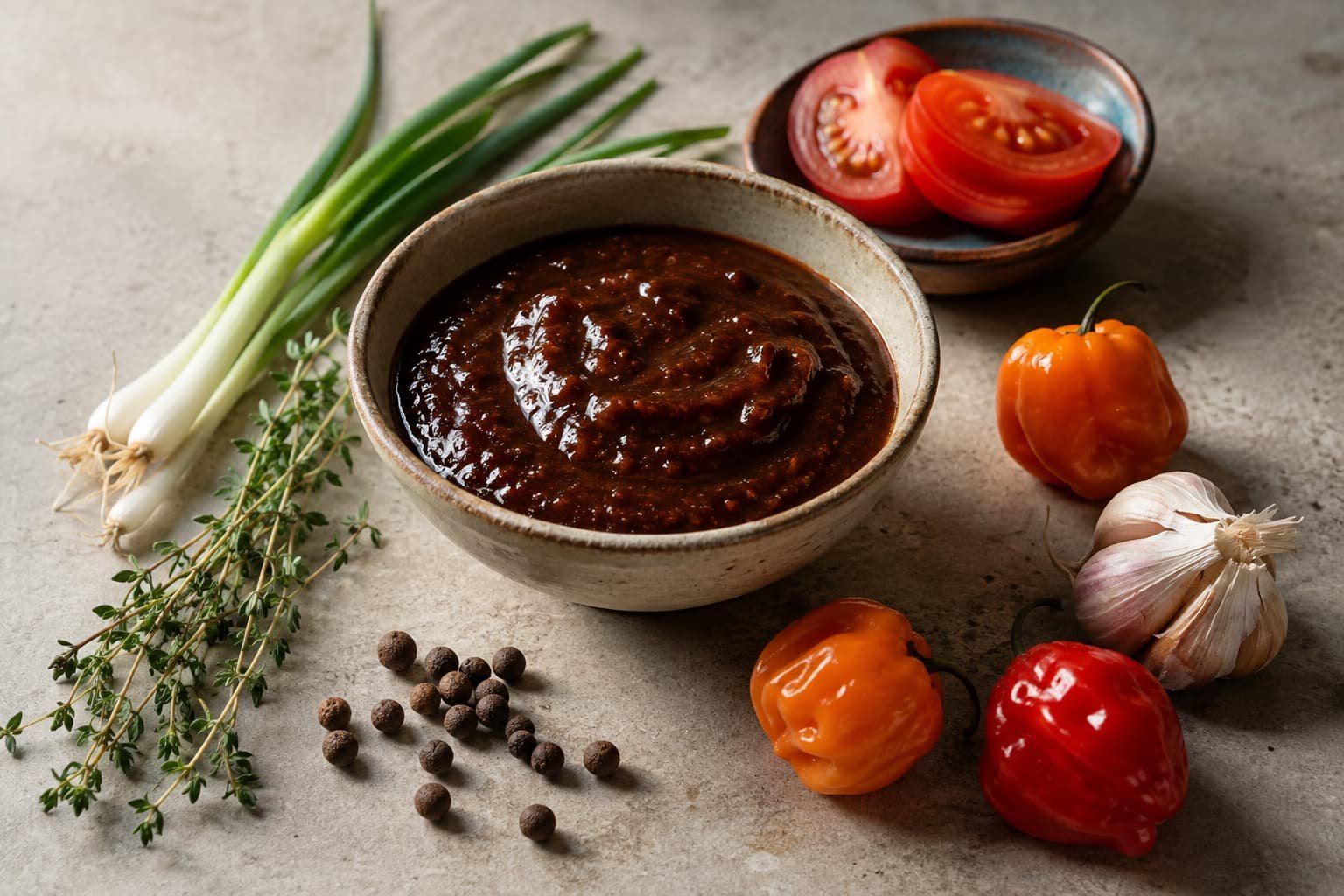 Jerk-style BBQ sauce with Scotch bonnet, thyme, scallions, garlic, and allspice