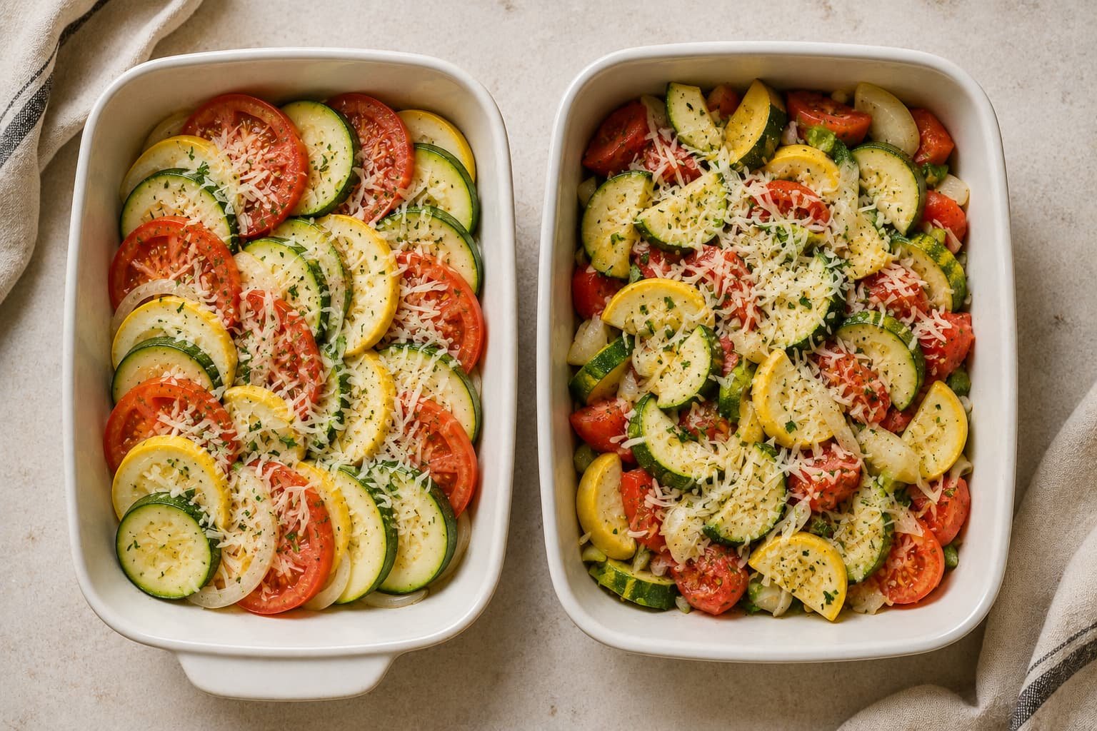 Layered and mixed ways to assemble a zucchini and tomato casserole