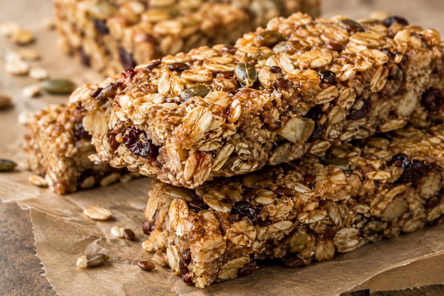 Macro close-up view of baked oat and honey bars highlighting whole-grain texture and natural structure.