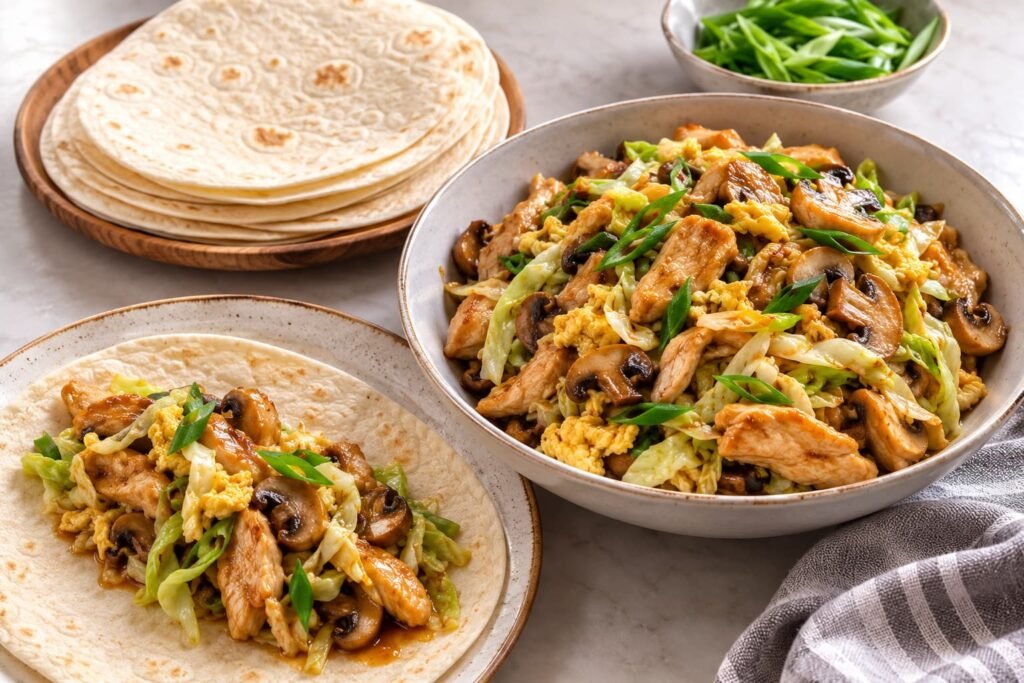 Moo shu-style chicken filling with vegetables, egg, and flour tortillas