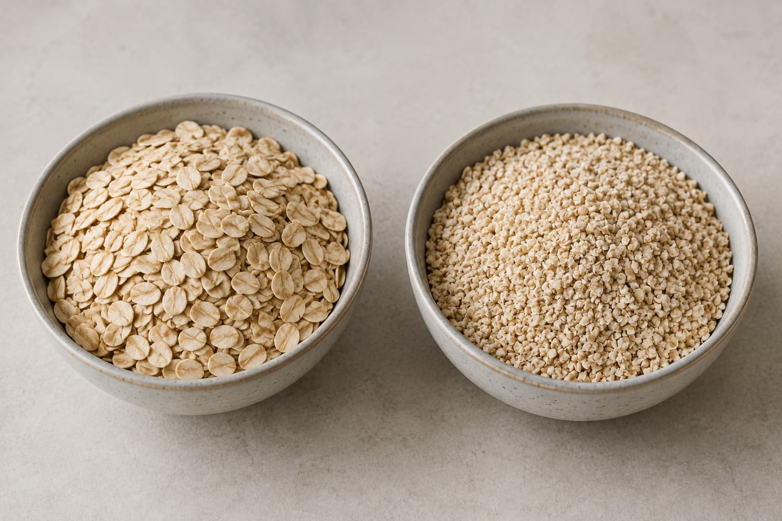 Old-fashioned rolled oats beside finer quick oats for visual comparison