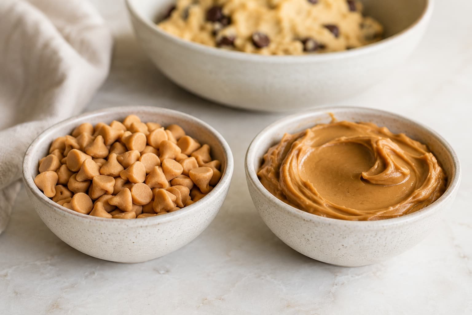 Peanut butter chips beside creamy peanut butter for a cookie ingredient comparison