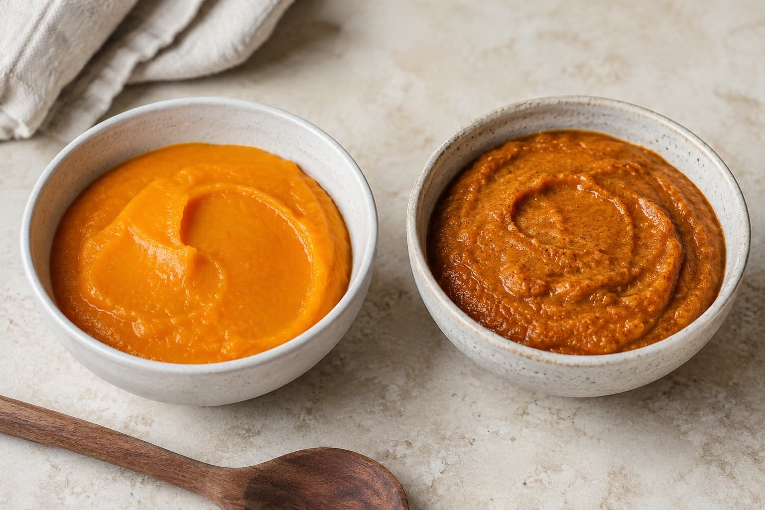 Plain pumpkin puree beside a prepared pumpkin pie-style mixture for visual comparison
