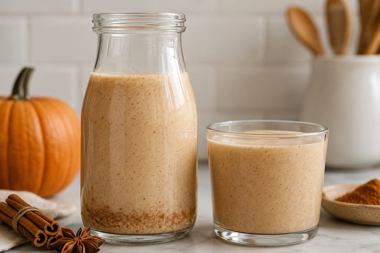 Pumpkin spice coffee creamer used in hot coffee, iced coffee, and cold brew