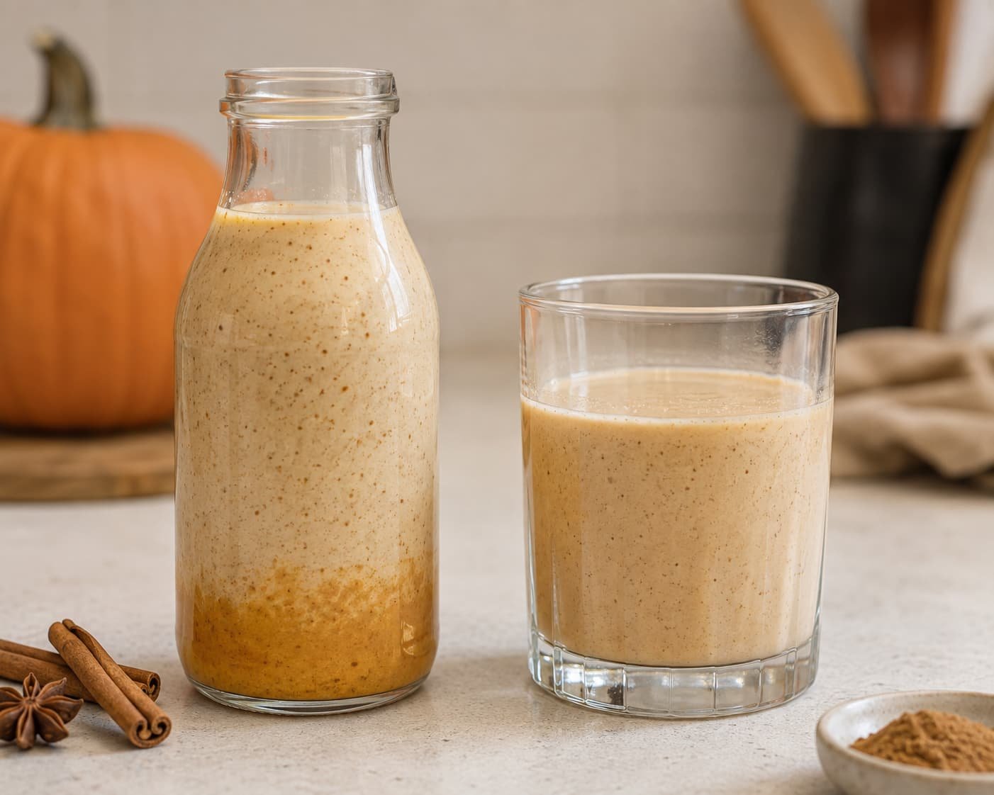 Pumpkin spice creamer showing natural settling of pumpkin and spice particles