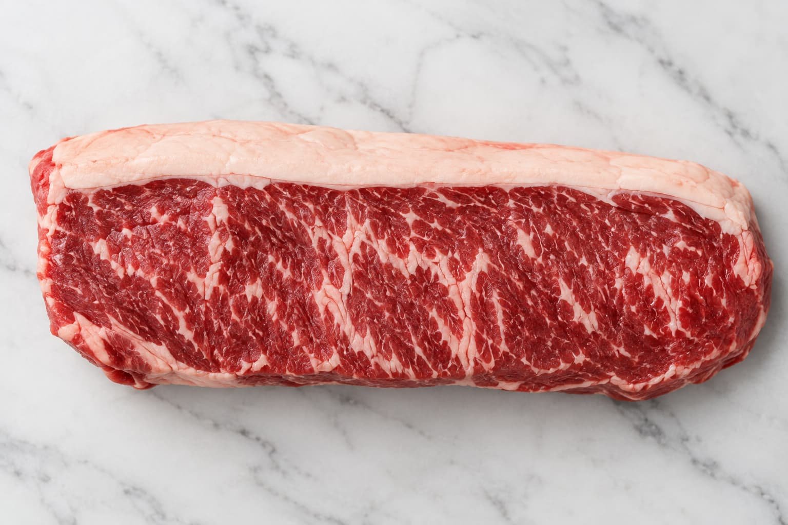 Raw New York strip roast highlighting the top exterior fat cap and internal muscle marbling.