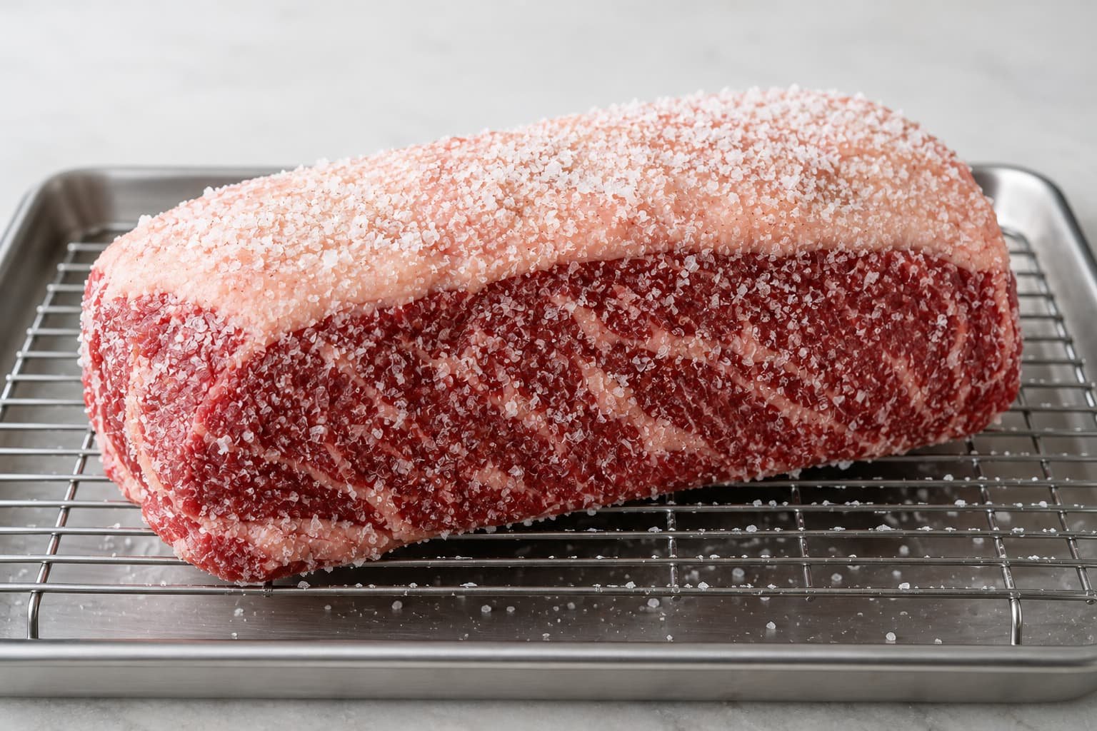 Raw beef roast coated in coarse salt resting on an elevated wire baking rack for dry brining.