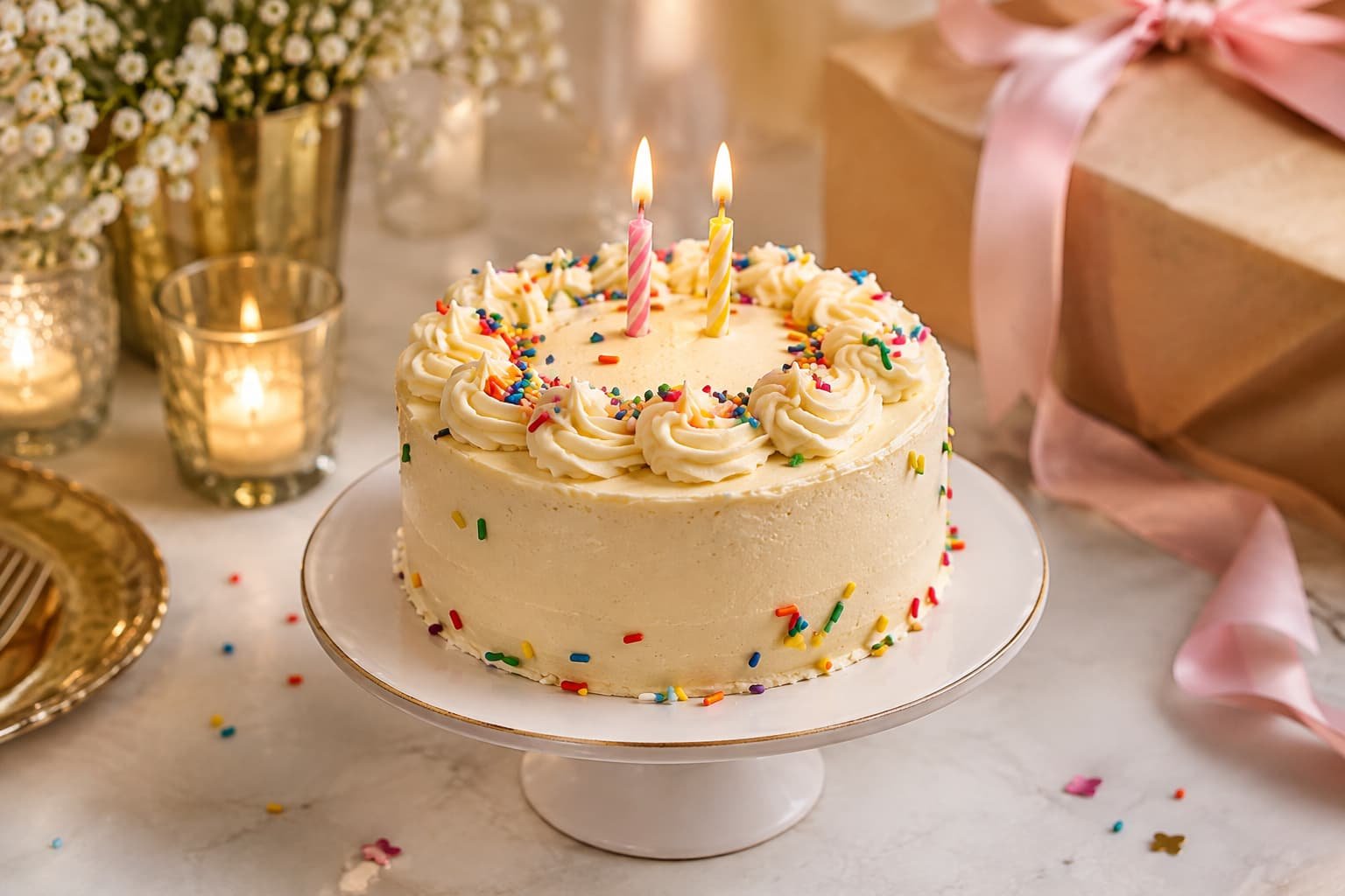 Simple birthday decoration on a small 6-inch cake